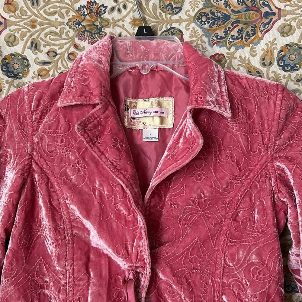 Vintage Old Navy Girls Pink Velvet Embroidered Blazer w/Bow Pockets Split Cuff L